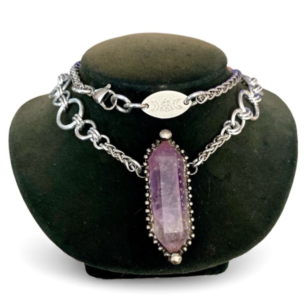 Handmade maille chain big light purple color amethyst gemstone crystal necklace